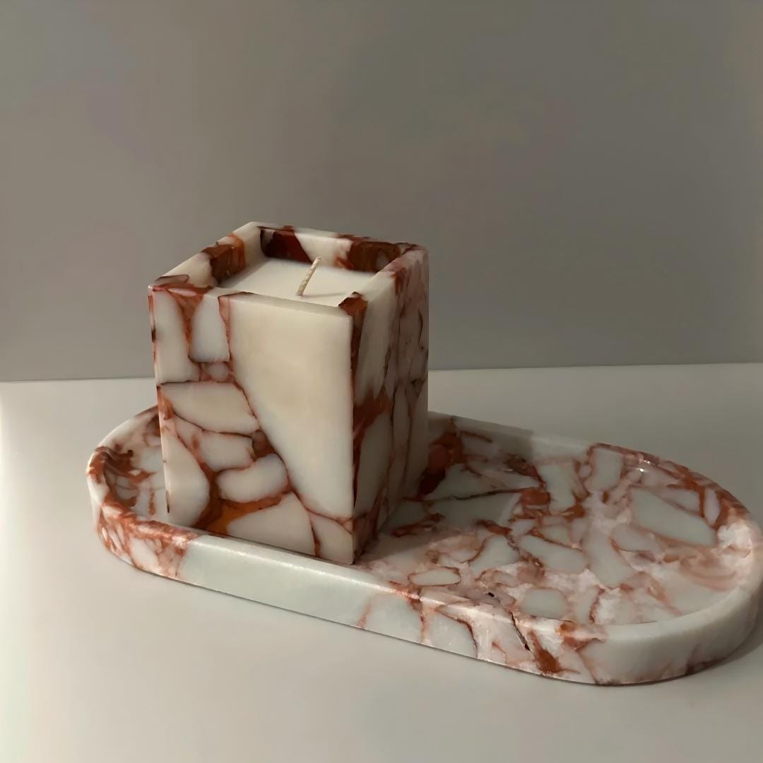 Handcrafted Red Marble Vanity Tray and Scented Candle Gift Set - Decorative Stone Organizer