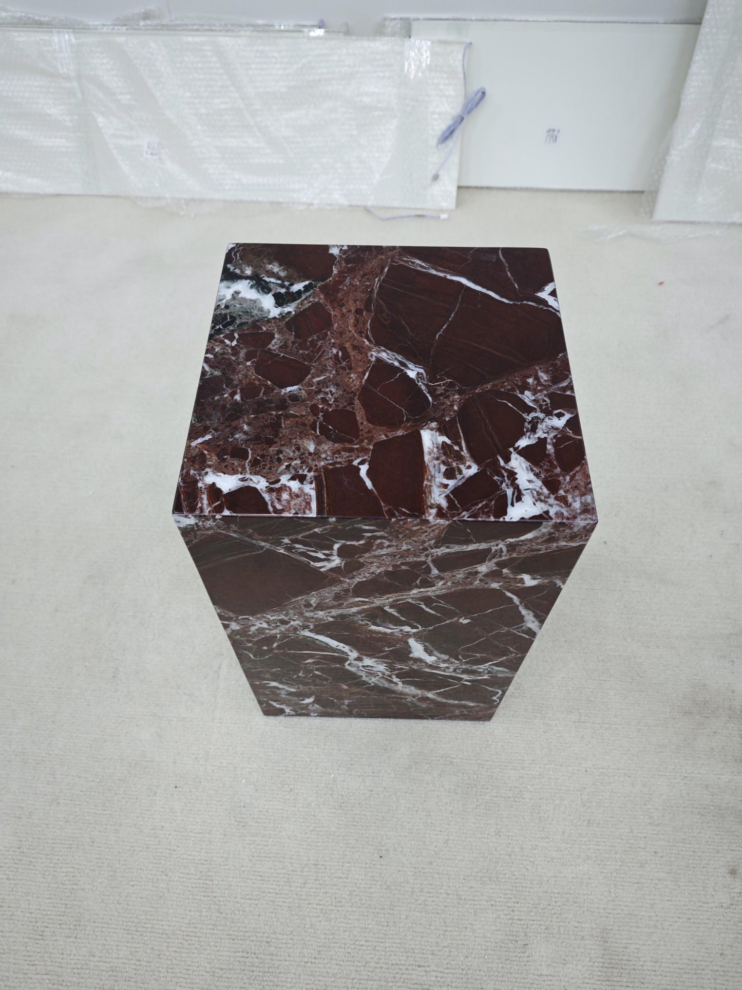 Royal Natural Rosso Lepanto Red Marble plinth side table, Luxurious Sofa Accent & Nightstand, Handcrafted