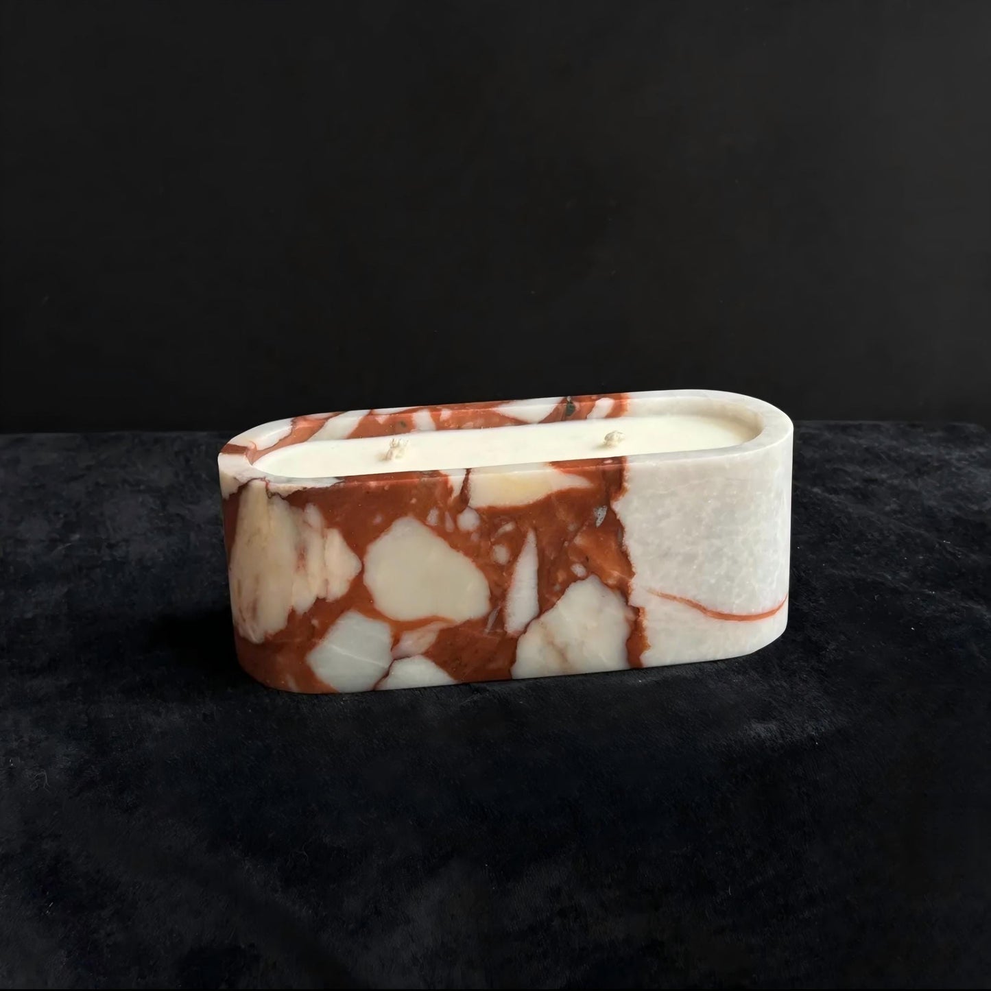 Red & White Marble Candle – Oval Double Wick Design – Handcrafted Stone Holder with Soy Wax, Modern Home Decor Gift