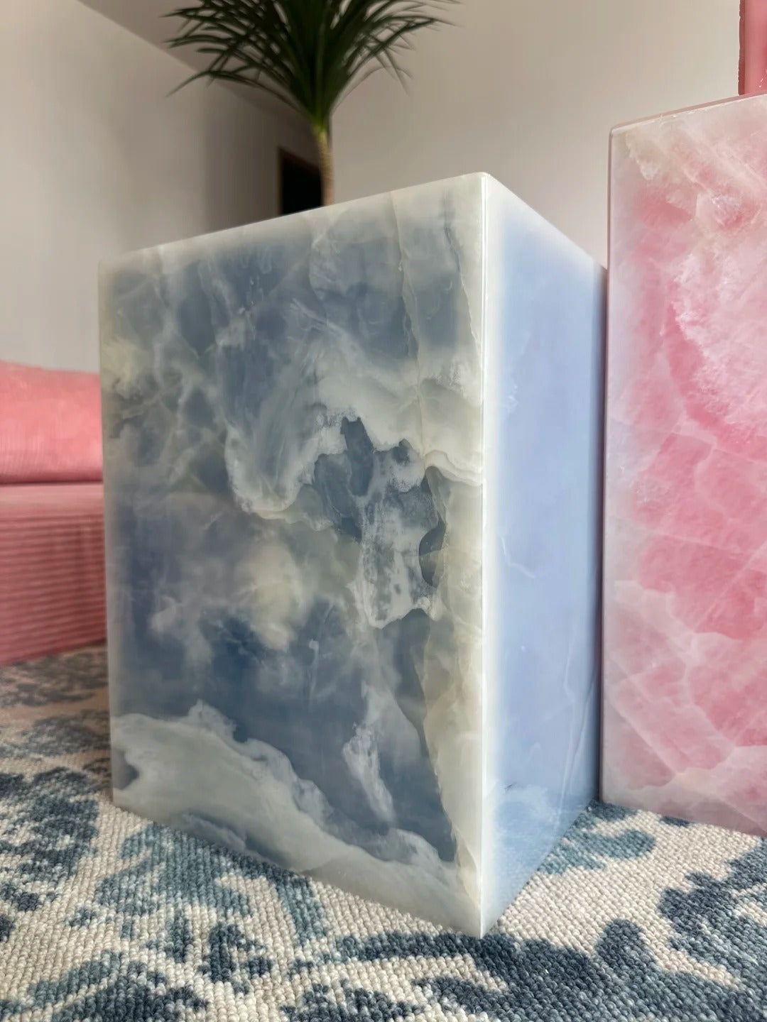 Hand crafted Natural Blue and Pink Marble Side Table: modern style plinth table