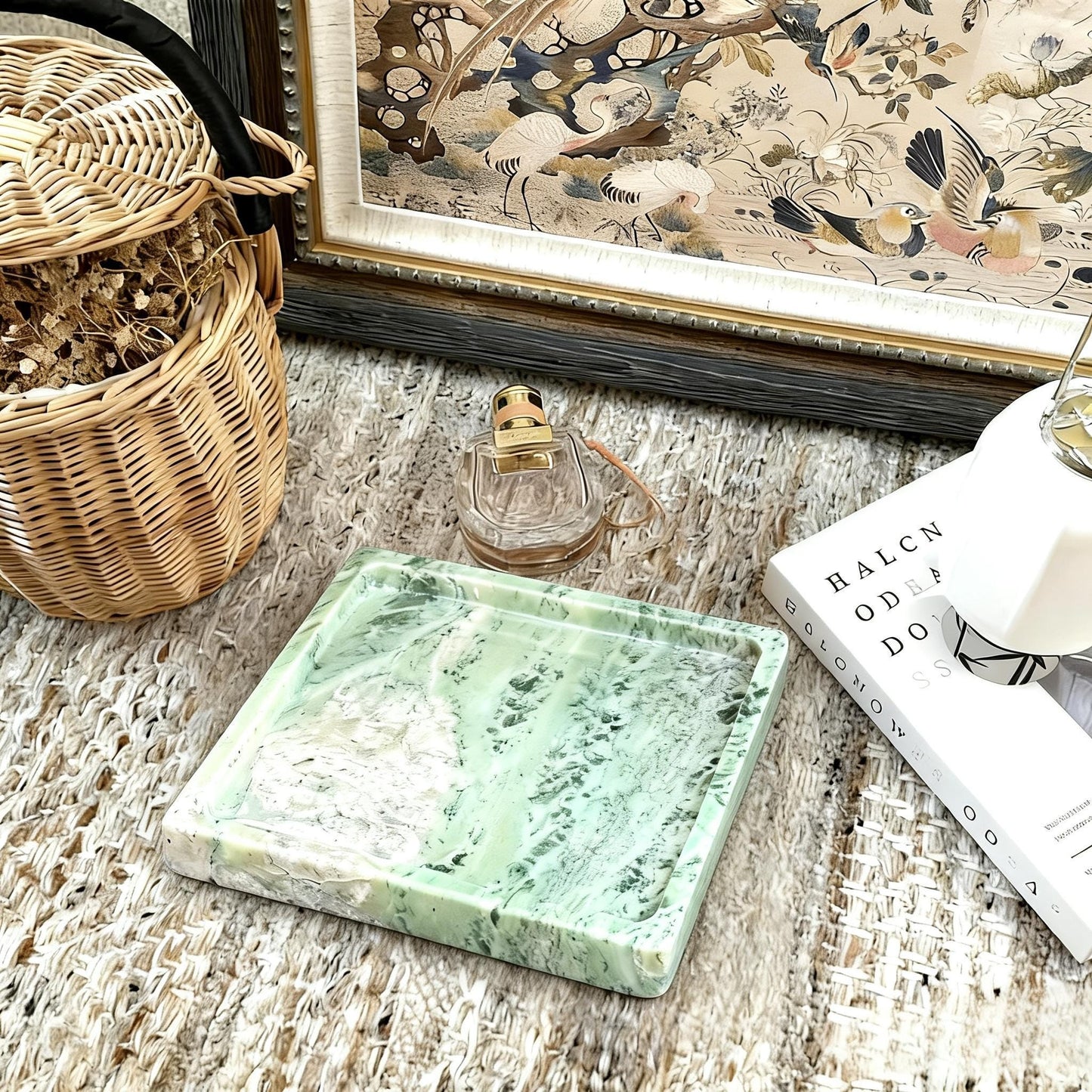 Handmade Green Veined Marble Tray, Luxury Vanity Organizer for Bathroom & Dressing Table Decor Gift