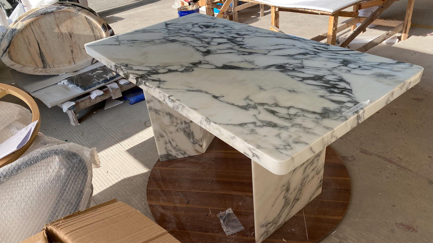 Elegant Calacatta white natural marble dining table: Luxury Italian Marble Furniture | Modern Triangle Base