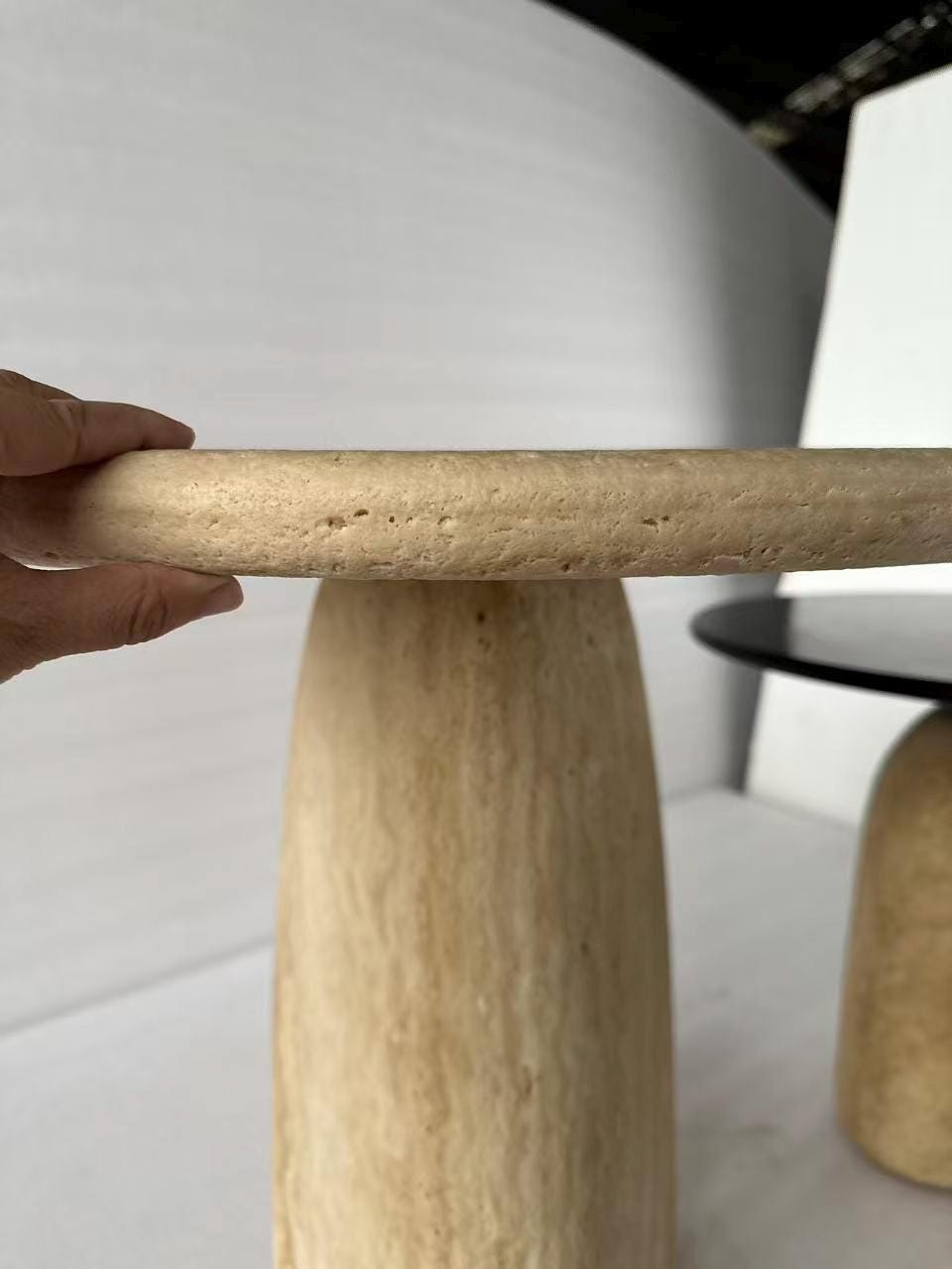 borschely Organic Modern Mushroom Side Table Set - Natural Travertine Nesting Tables in White