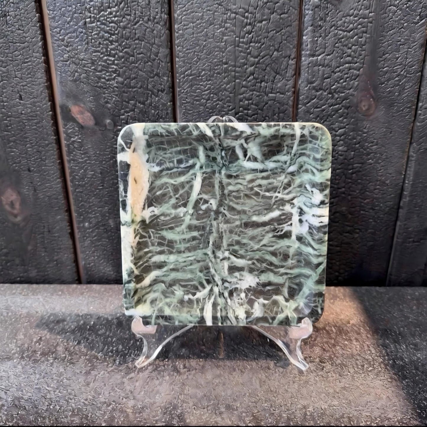 Green Marble Tray – Square Organic Shape Decorative Platter – Handcrafted Stone Home Decor for Kitchen or Gift