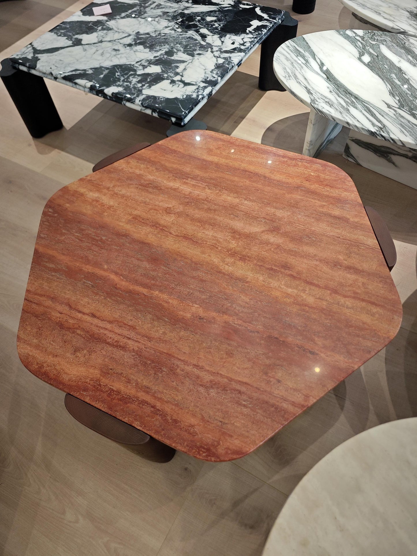 Hexagon Natural Travertine Coffee table, wooden pedestal, vintage style