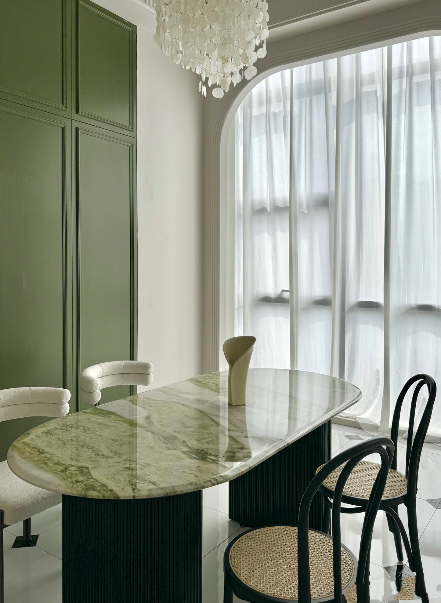 Celestial marble Oval shape, Natural Ireland Green Marble Dining Table, timeless and classic beauty