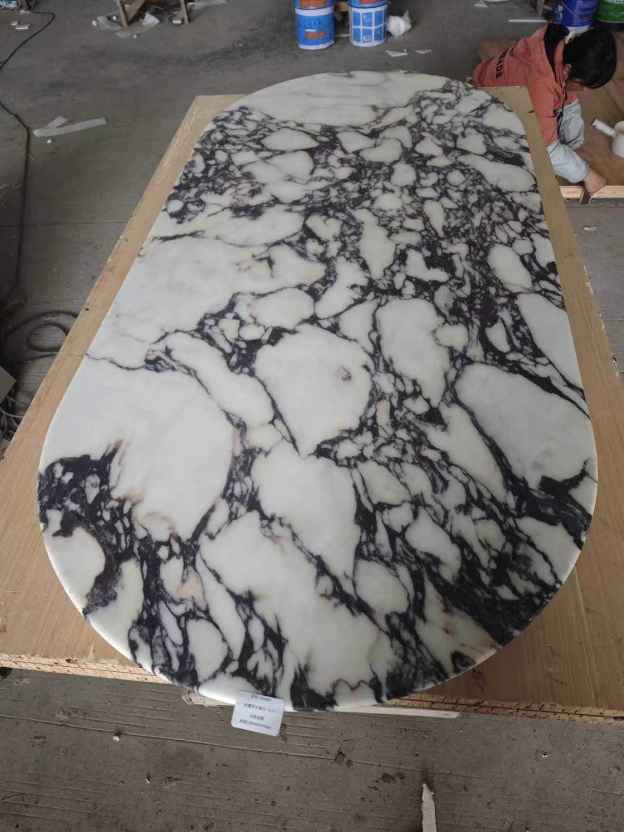 Calacatta Viola Marble Dining Table: Handmade Wooden Pedestal