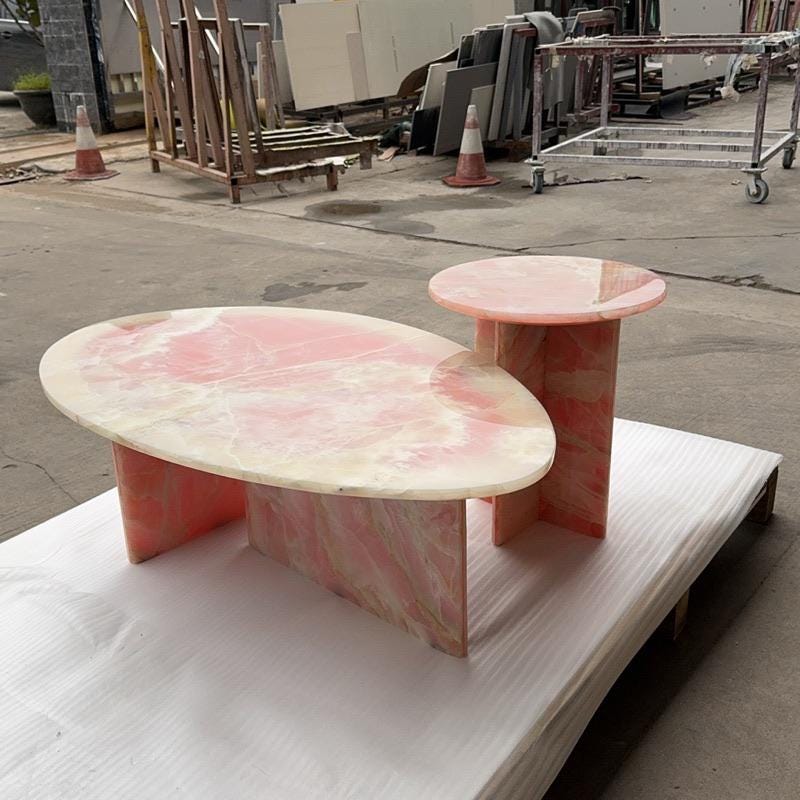 handcraft natural pink onyx oval coffee table, luxury home decoration artisan furniture
