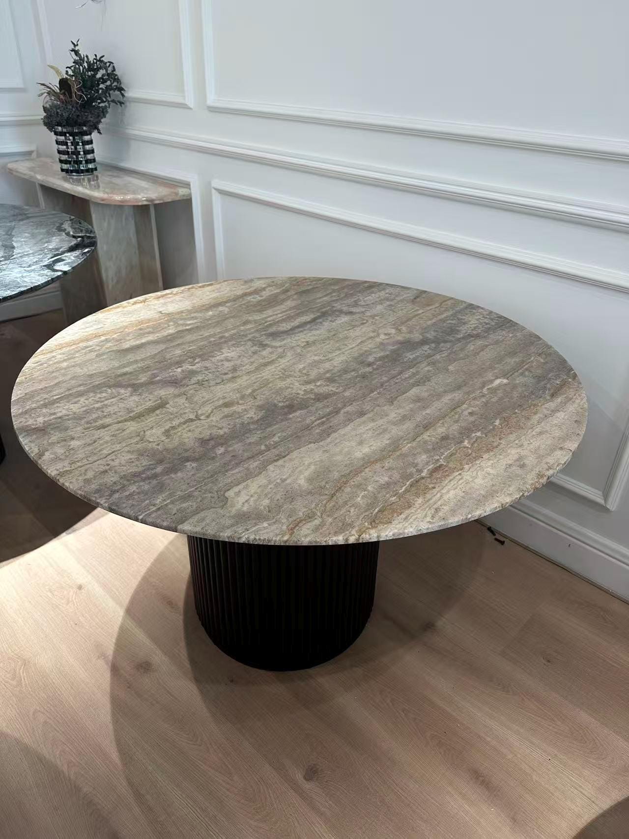 Round Silver Gray Travertine Dining Table: Modern Vintage Style, natural stone