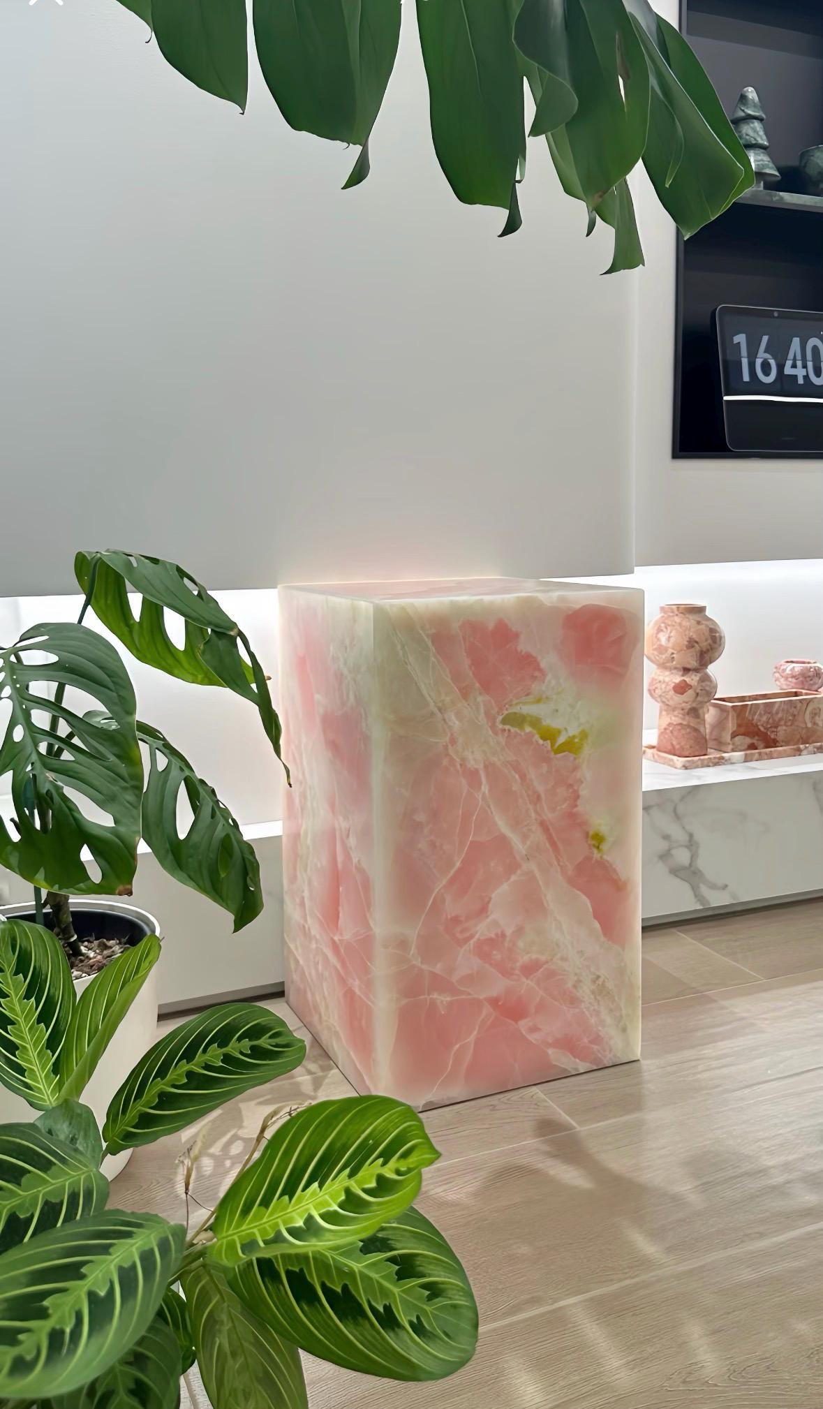Pink Onyx Cuboid Side Table: Modern Luxury Coffee Table Nightstand, plinth