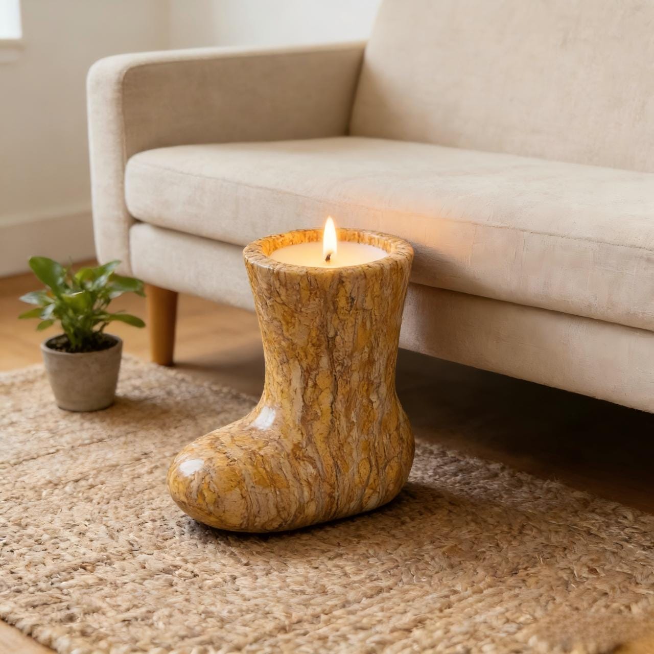 Handmade Wood-Grain Marble Boot Candle, Unique Statement Candle for Rustic Home Ambiance