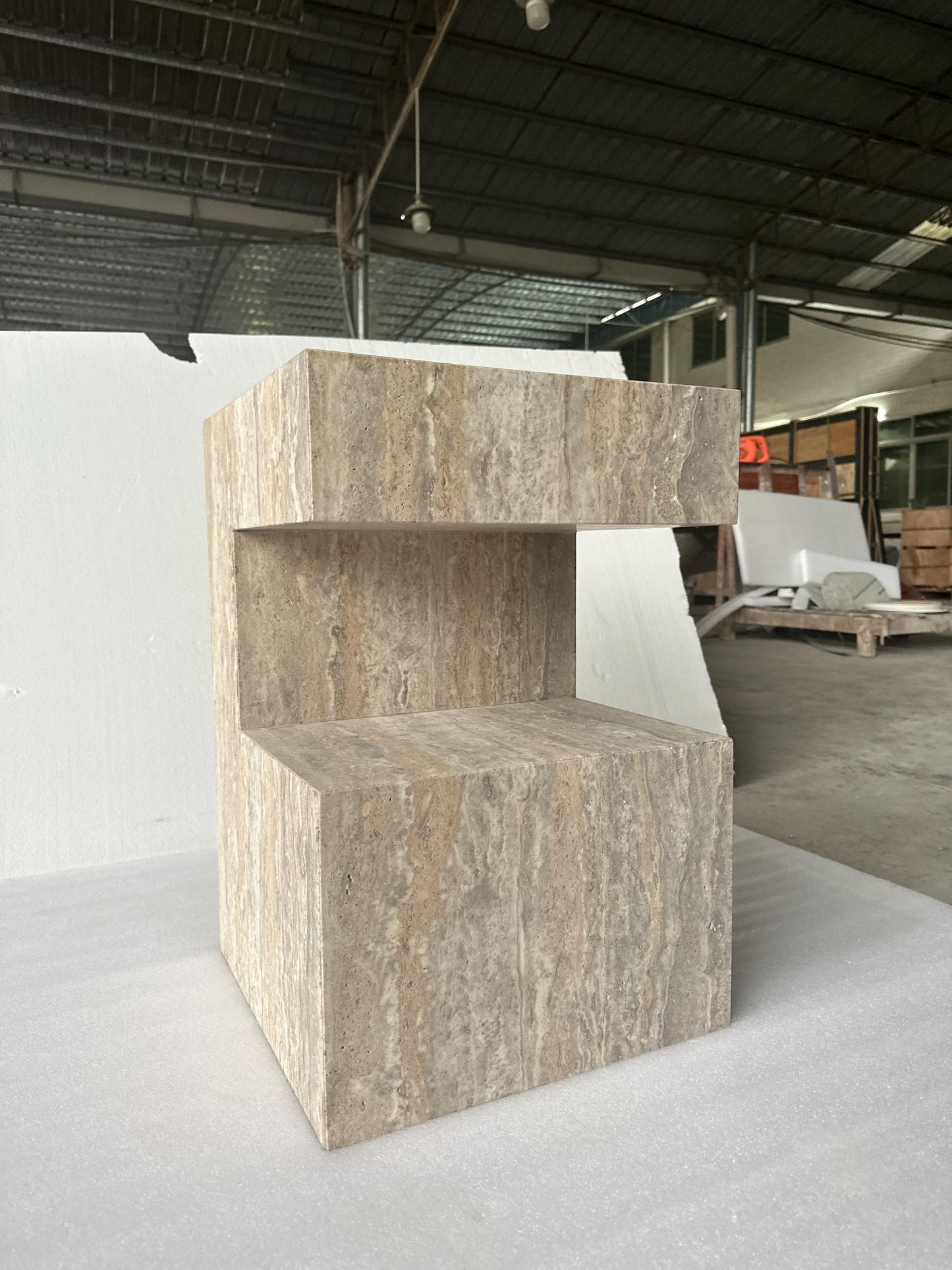 Handcrafted Travertine Side Table: Natural Stone Nightstand with Storage, plinth
