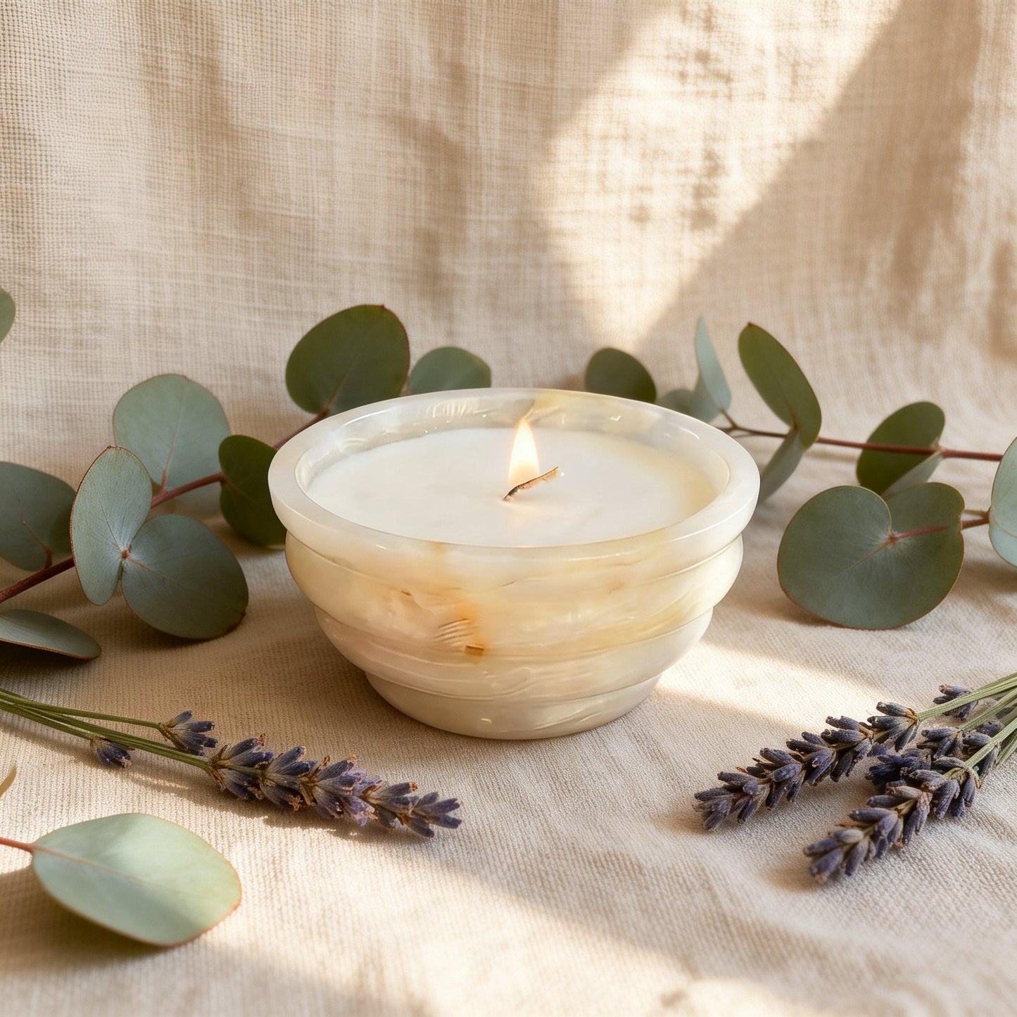 Honey Onyx Marble Ribbed Bowl Scented Candle, Handcrafted Stone Candle, Cozy Home Ambiance Gift