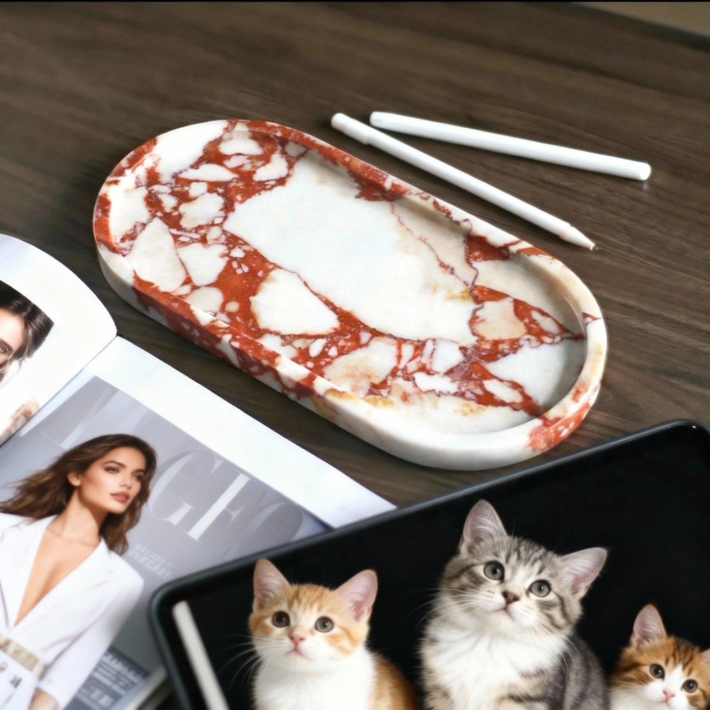 Handcrafted Red Marble Vanity Tray and Scented Candle Gift Set - Decorative Stone Organizer