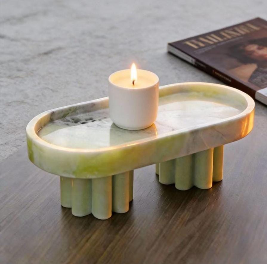 Handcrafted Fluted Pedestal Marble footed Tray, Modern Home Decor for Bathroom