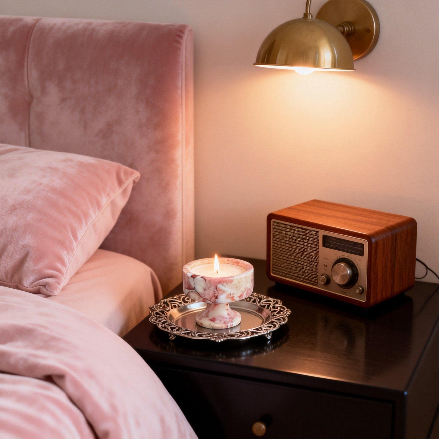 Blush Veined Marble Pedestal Candle, Handmade Luxury Scented Candle, Romantic Home Decor & Gift