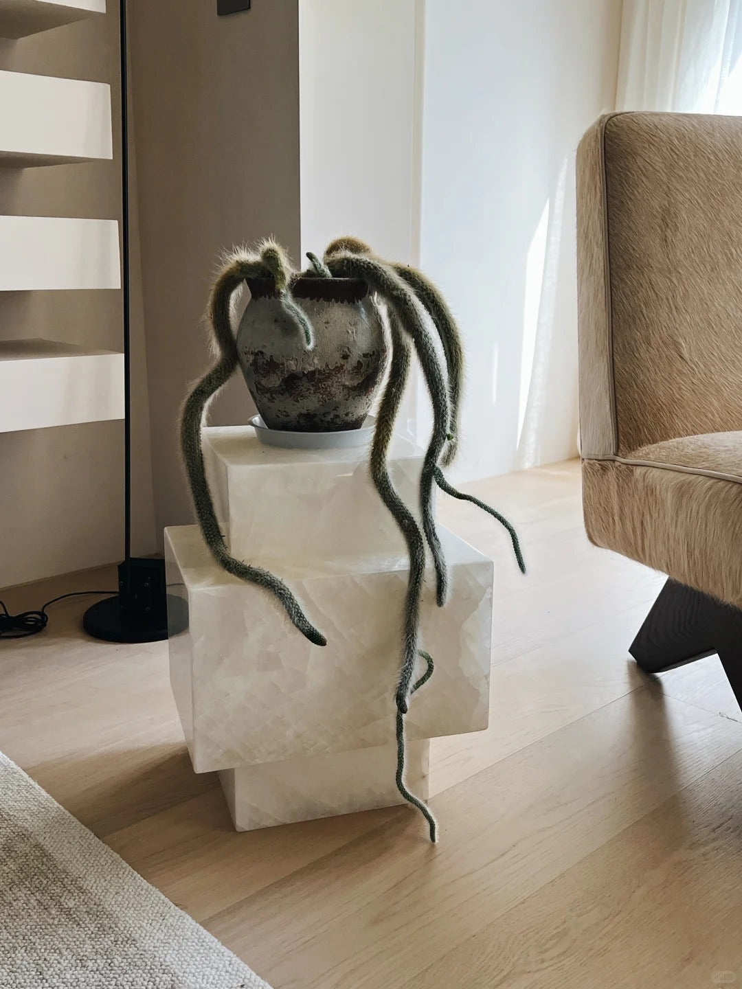 Handcraft White Jade Marble Side Table: Minimalist Natural Stone Nightstand, Decor Plinth