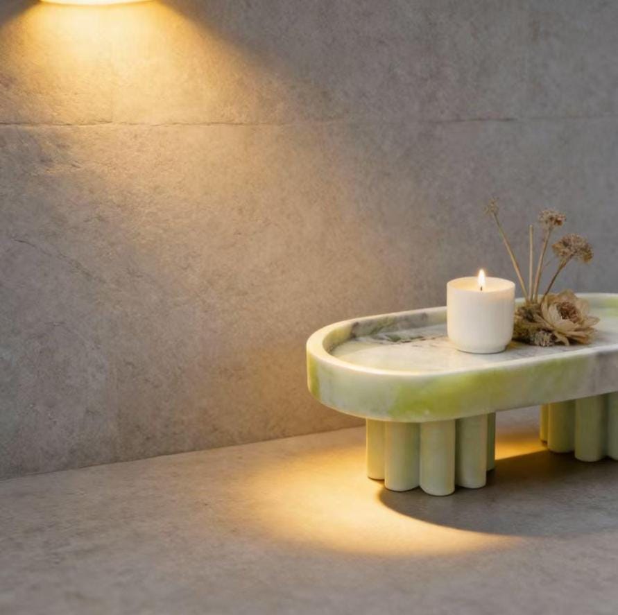 Handcrafted Fluted Pedestal Marble footed Tray, Modern Home Decor for Bathroom