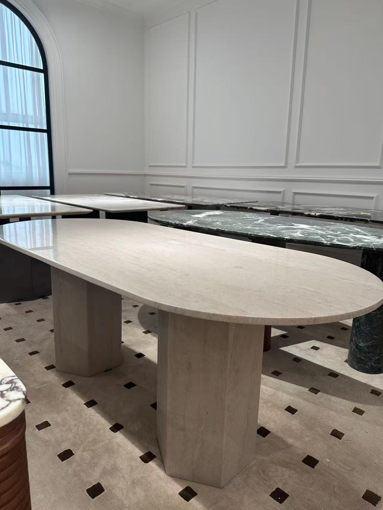 Handmade Travertine Oval Dining Table: Modern Vintage Stone Furniture