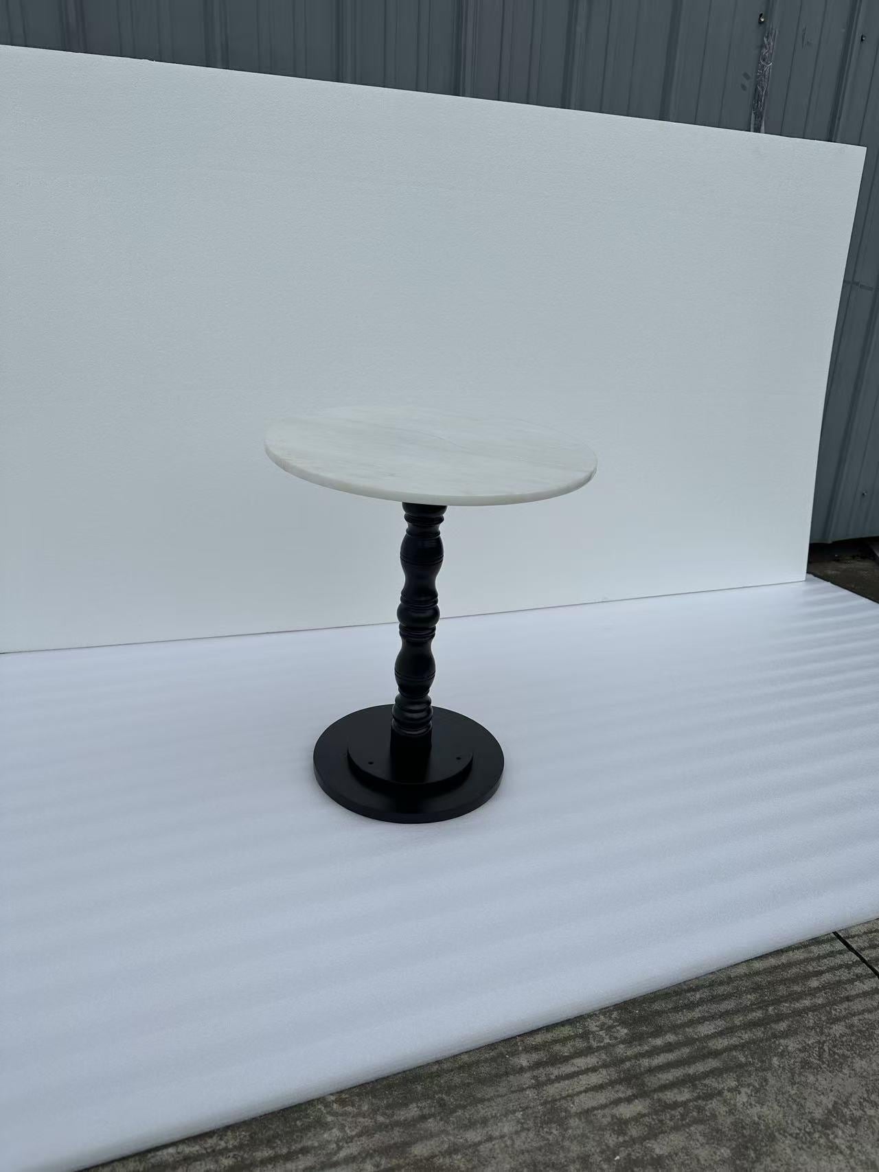 Vintage Marble Top End Table: Black Wood Pedestal Side Table