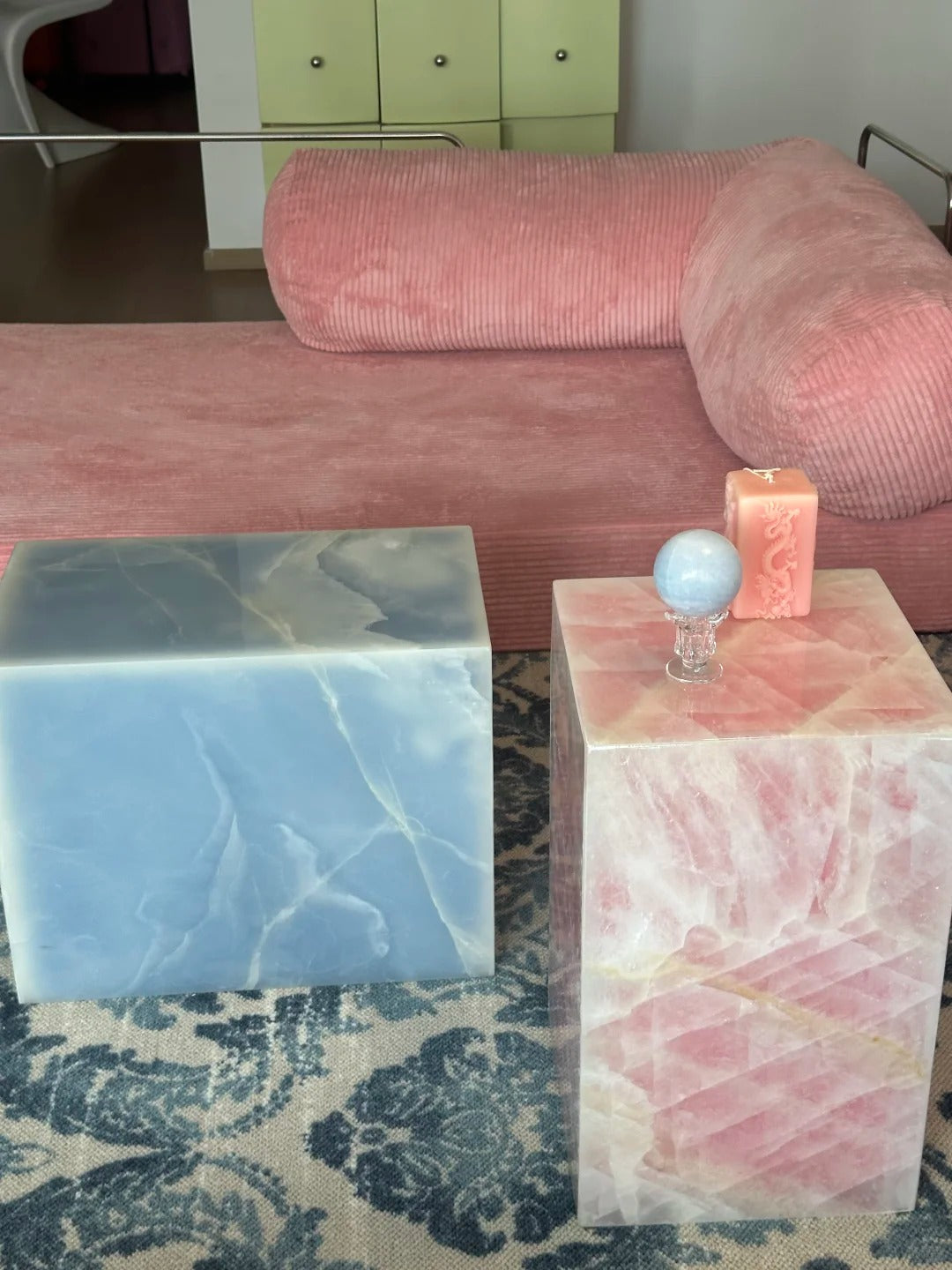 Hand crafted Natural Blue and Pink Marble Side Table: modern style plinth table