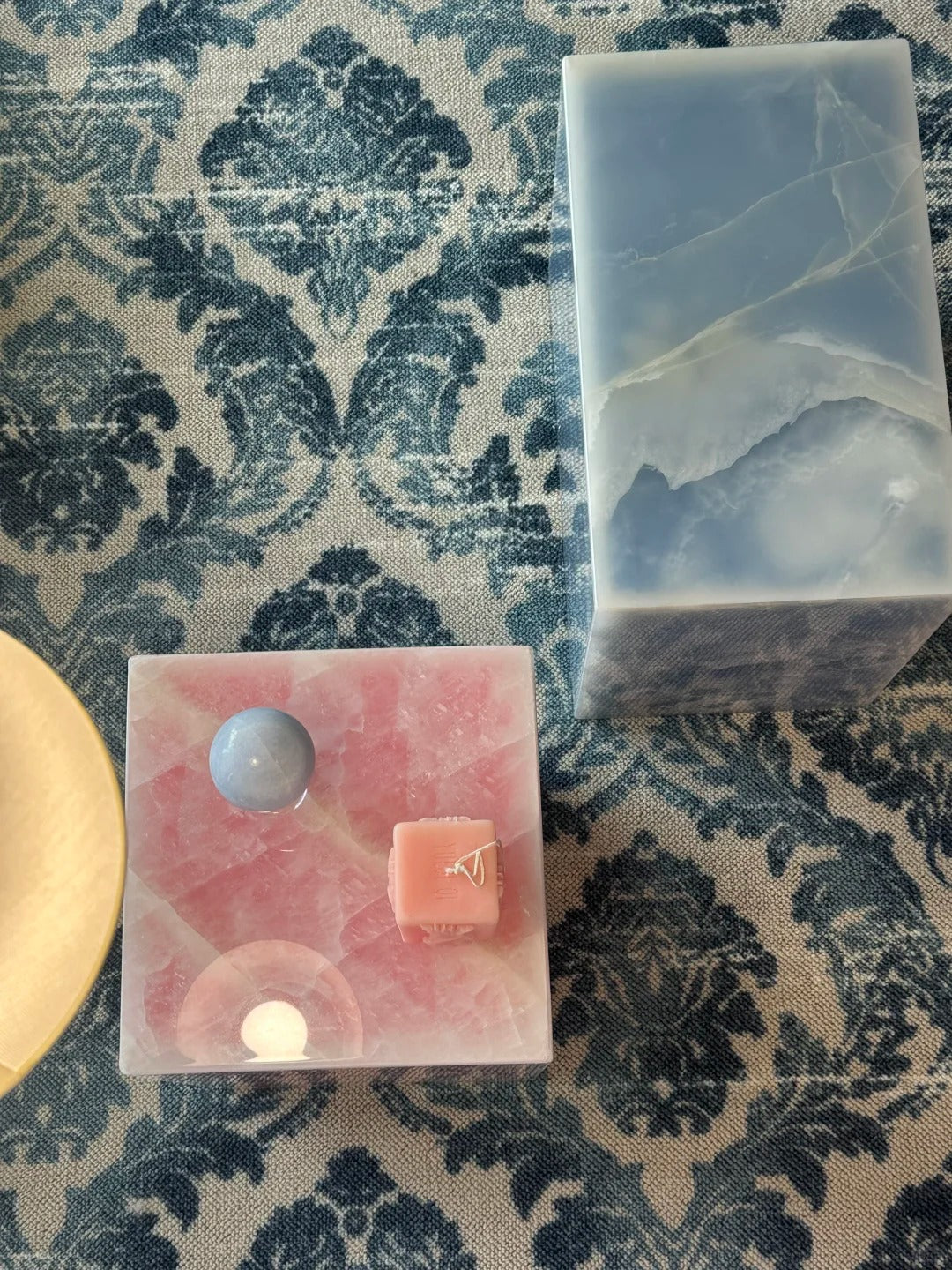 Hand crafted Natural Blue and Pink Marble Side Table: modern style plinth table