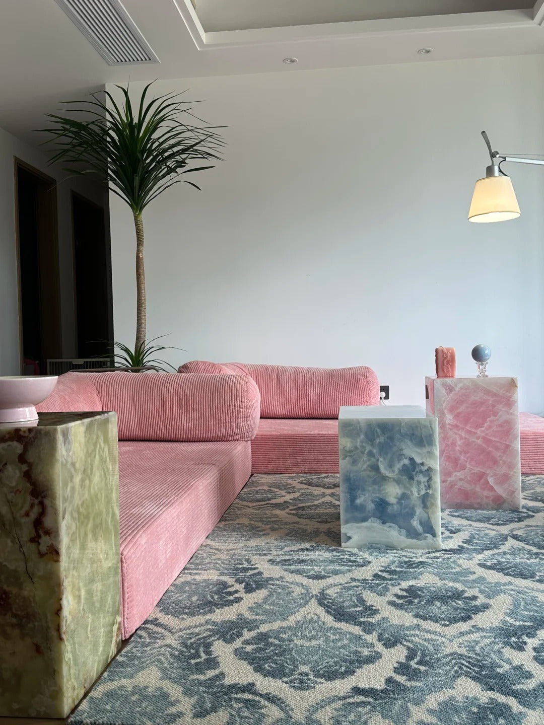 Hand crafted Natural Blue and Pink Marble Side Table: modern style plinth table
