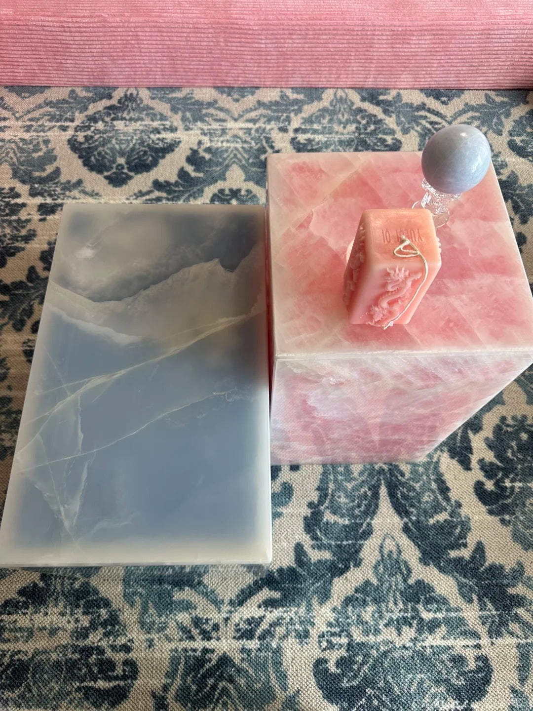 Hand crafted Natural Blue and Pink Marble Side Table: modern style plinth table