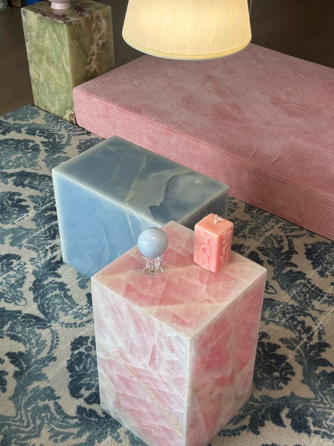 Hand crafted Natural Blue and Pink Marble Side Table: modern style plinth table