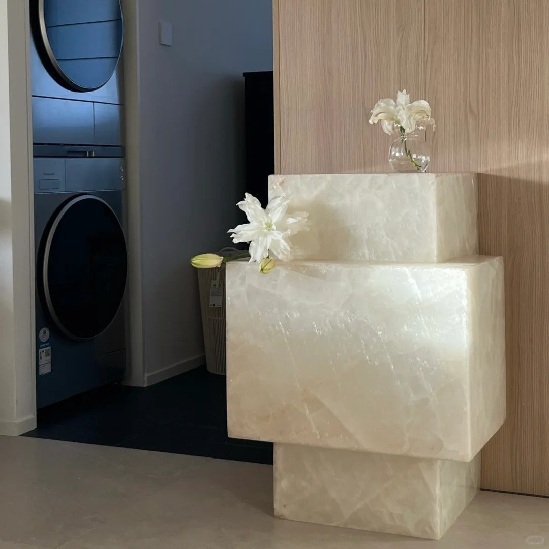 Handcraft White Jade Marble Side Table: Minimalist Natural Stone Nightstand, Decor Plinth