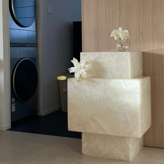 Handcraft White Jade Marble Side Table: Minimalist Natural Stone Nightstand, Decor Plinth