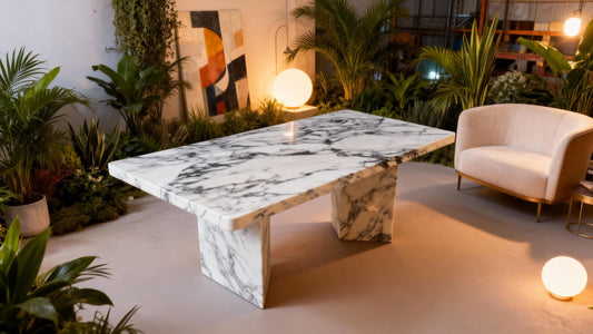Elegant Calacatta white natural marble dining table: Luxury Italian Marble Furniture | Modern Triangle Base