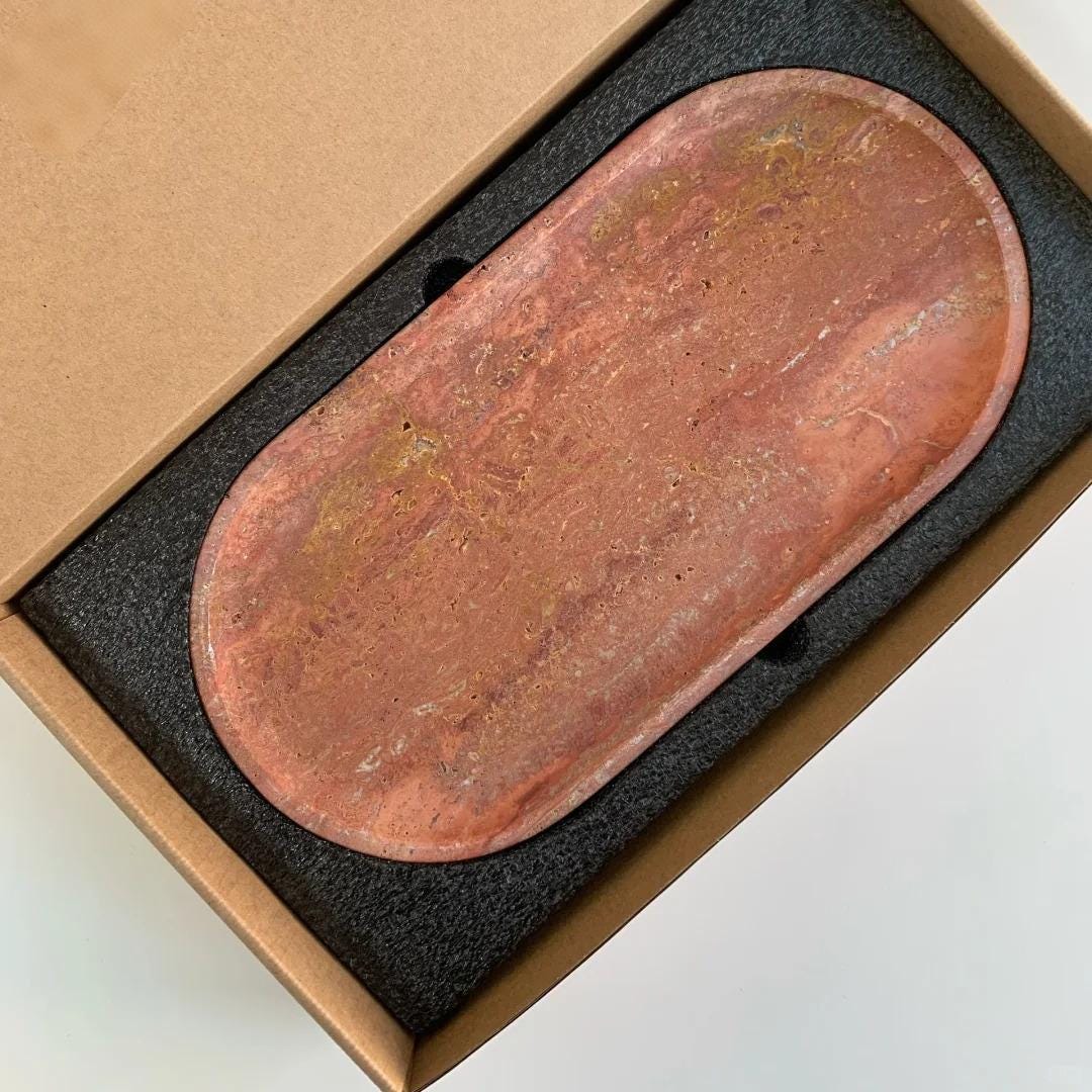 Handcrafted Red Travertine Tray - Modern Stone Storage Dish for Jewelry, Perfume & Candle Holders