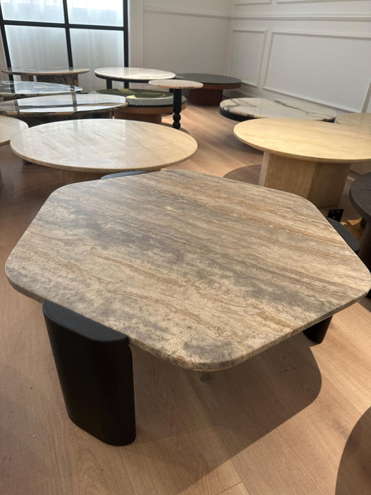 Silver Gray Marble Hexagon Coffee Table: Mid-Century Modern Wood Base