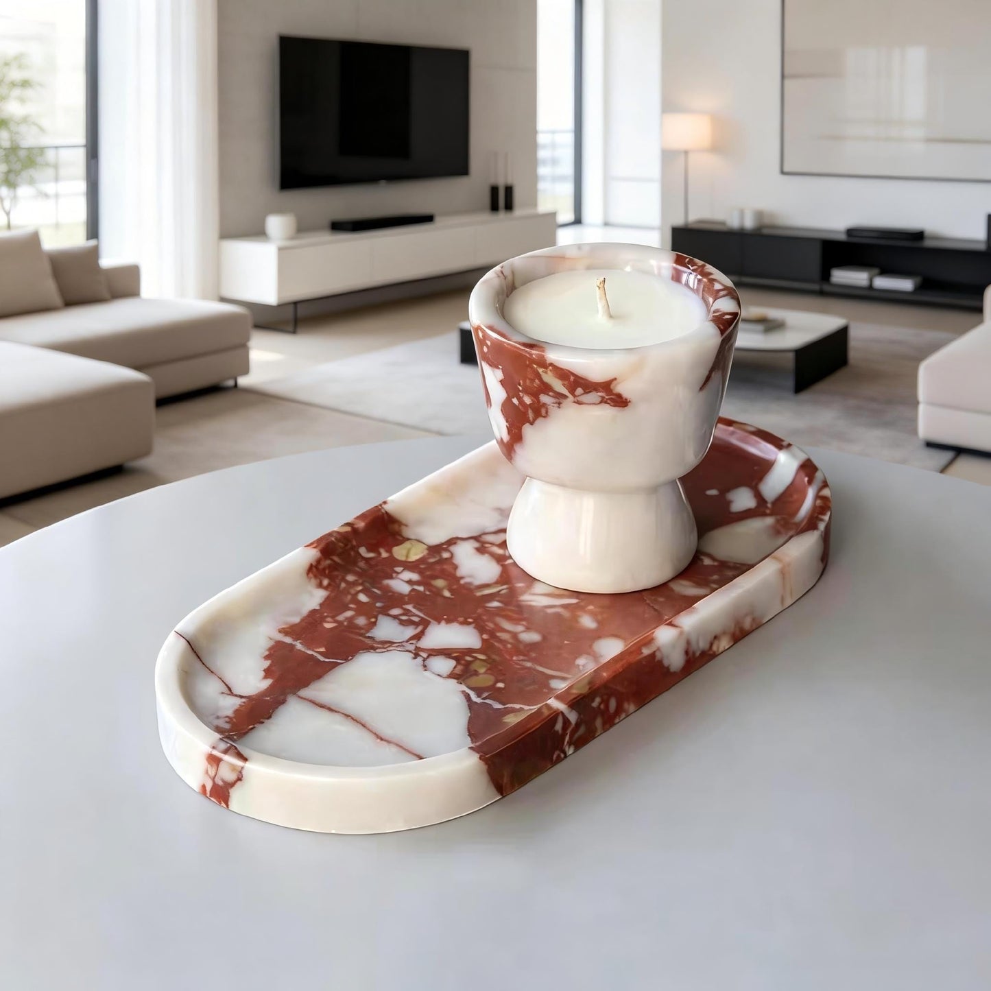 Handcrafted Red Marble Vanity Tray and Scented Candle Gift Set - Decorative Stone Organizer