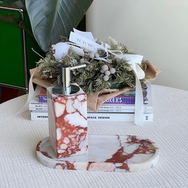 Handcrafted Red Marble Vanity Tray and Scented Candle Gift Set - Decorative Stone Organizer
