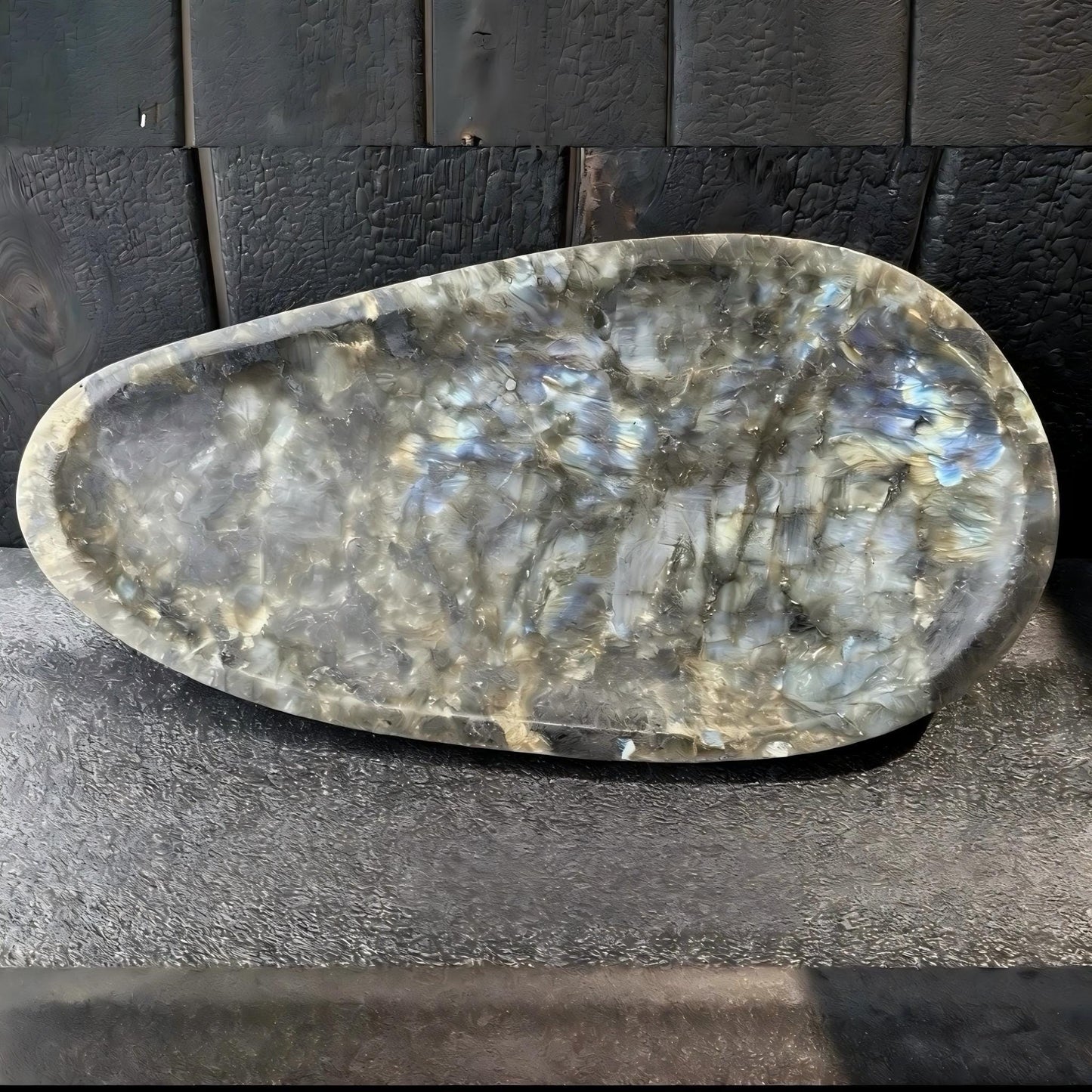 Labradorite Stone Tray – Iridescent Organic Shape Decorative Platter – Handcrafted Crystal Home Decor Gift