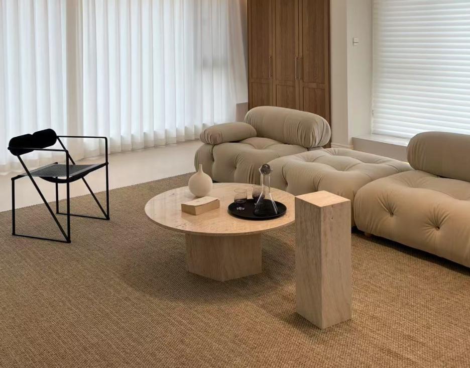 Handmade Natural Beige & Red Travertine Coffee Table: Mid-Century, Contemporary
