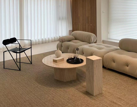 Handmade Natural Beige & Red Travertine Coffee Table: Mid-Century, Contemporary