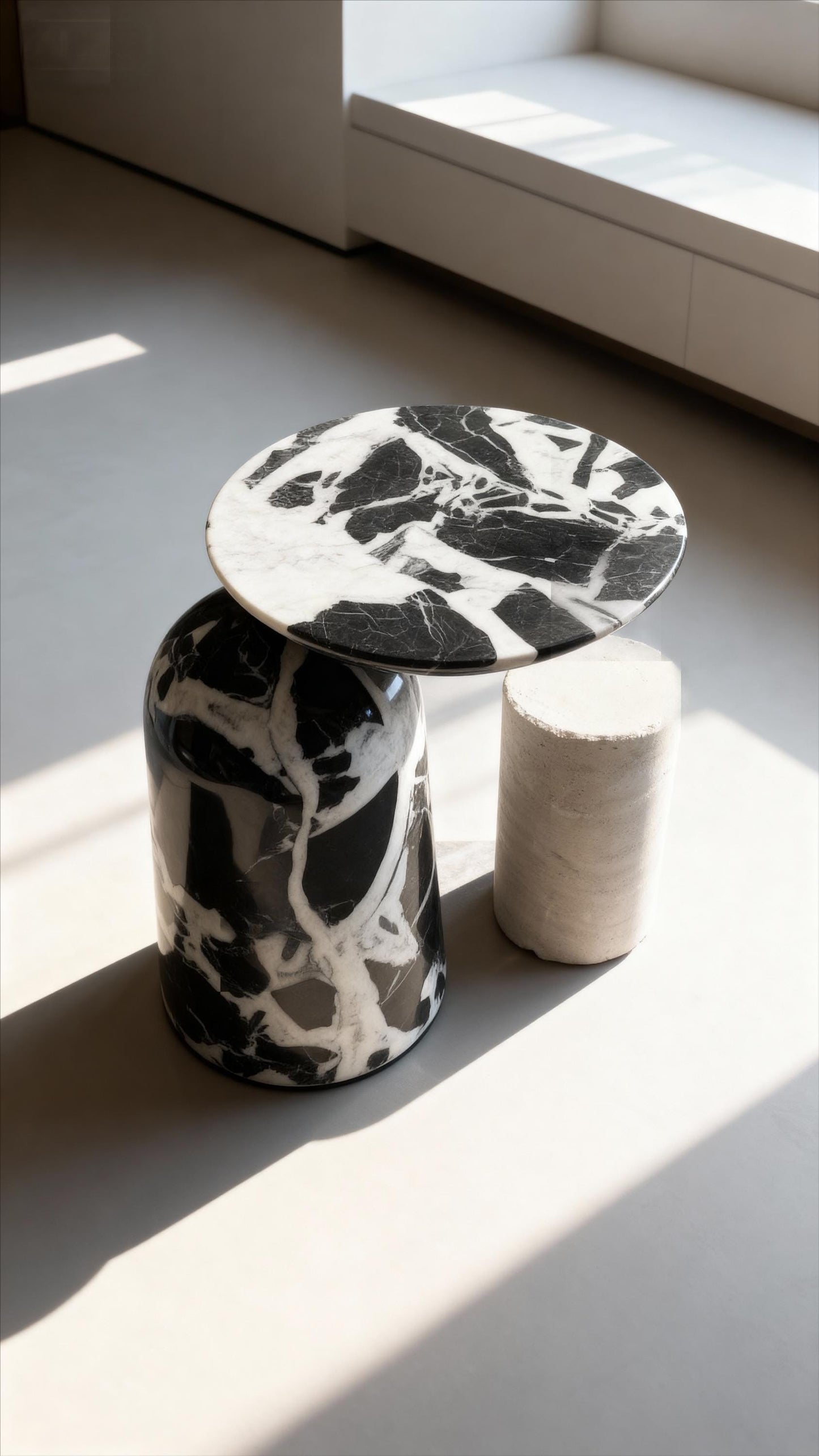 Handmade Modern Black and White Marble Side Table - Round Moon Top