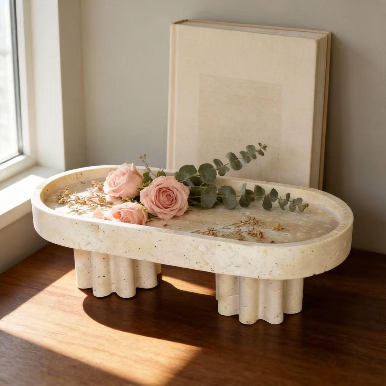 Handcrafted Fluted Pedestal Marble footed Tray, Modern Home Decor for Bathroom