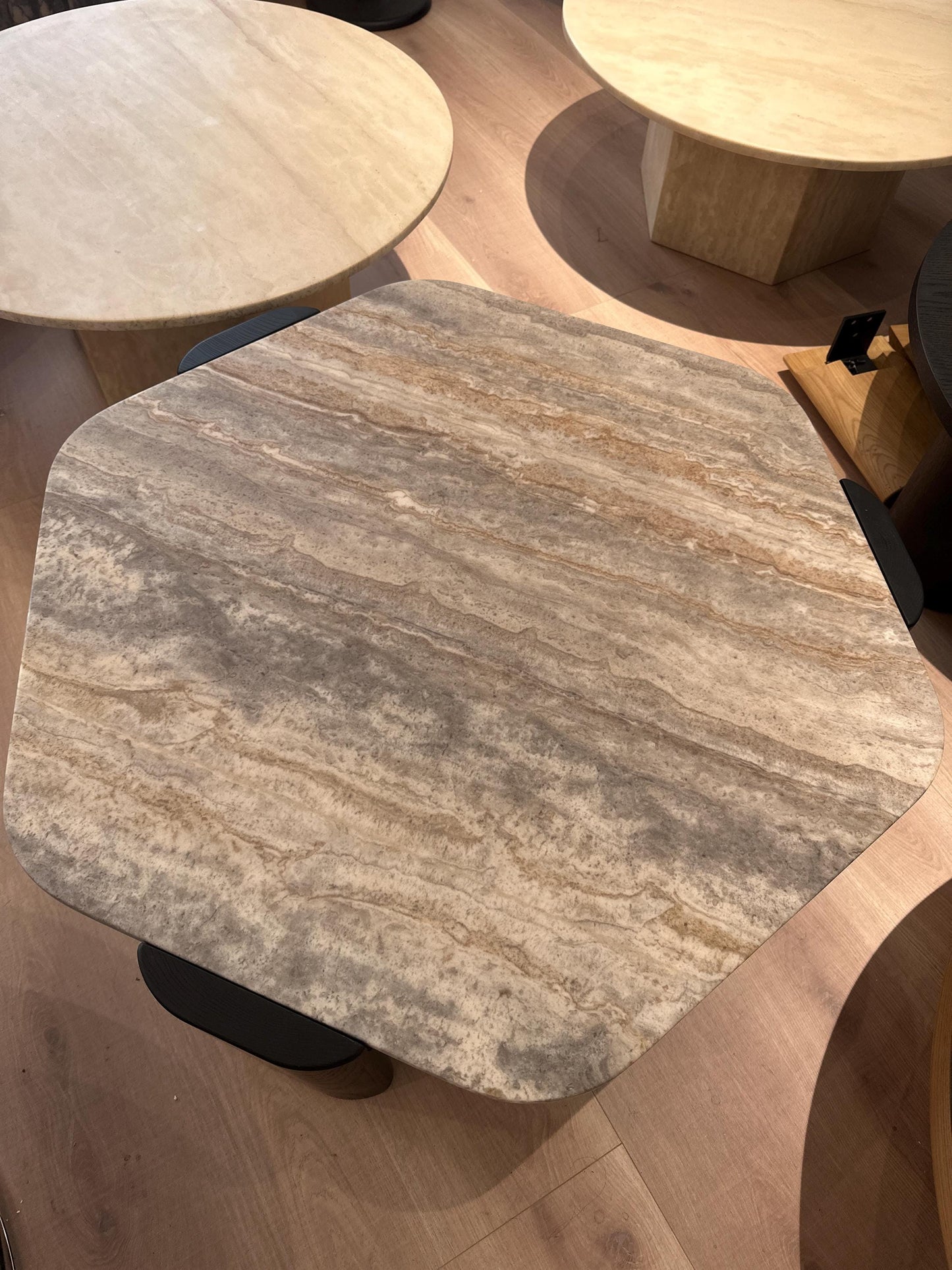 Silver Gray Marble Hexagon Coffee Table: Mid-Century Modern Wood Base