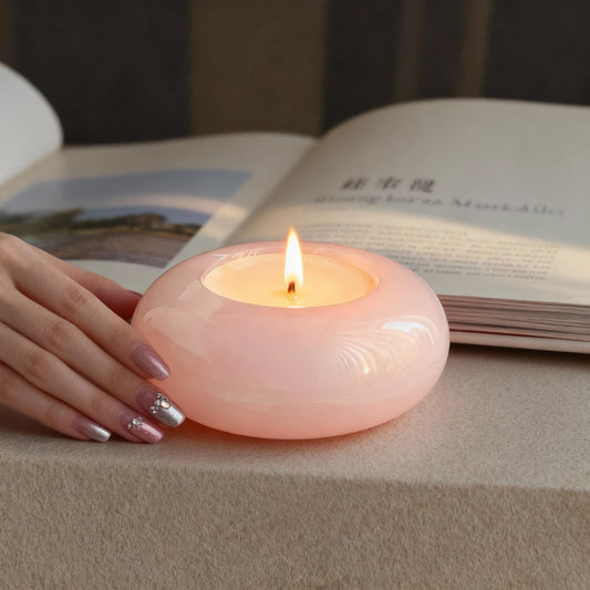 Artisan Rose Quartz Aromatherapy Candle – Smooth Round Stone Holder – Handcrafted Soy Wax Candle, Romantic Home Decor