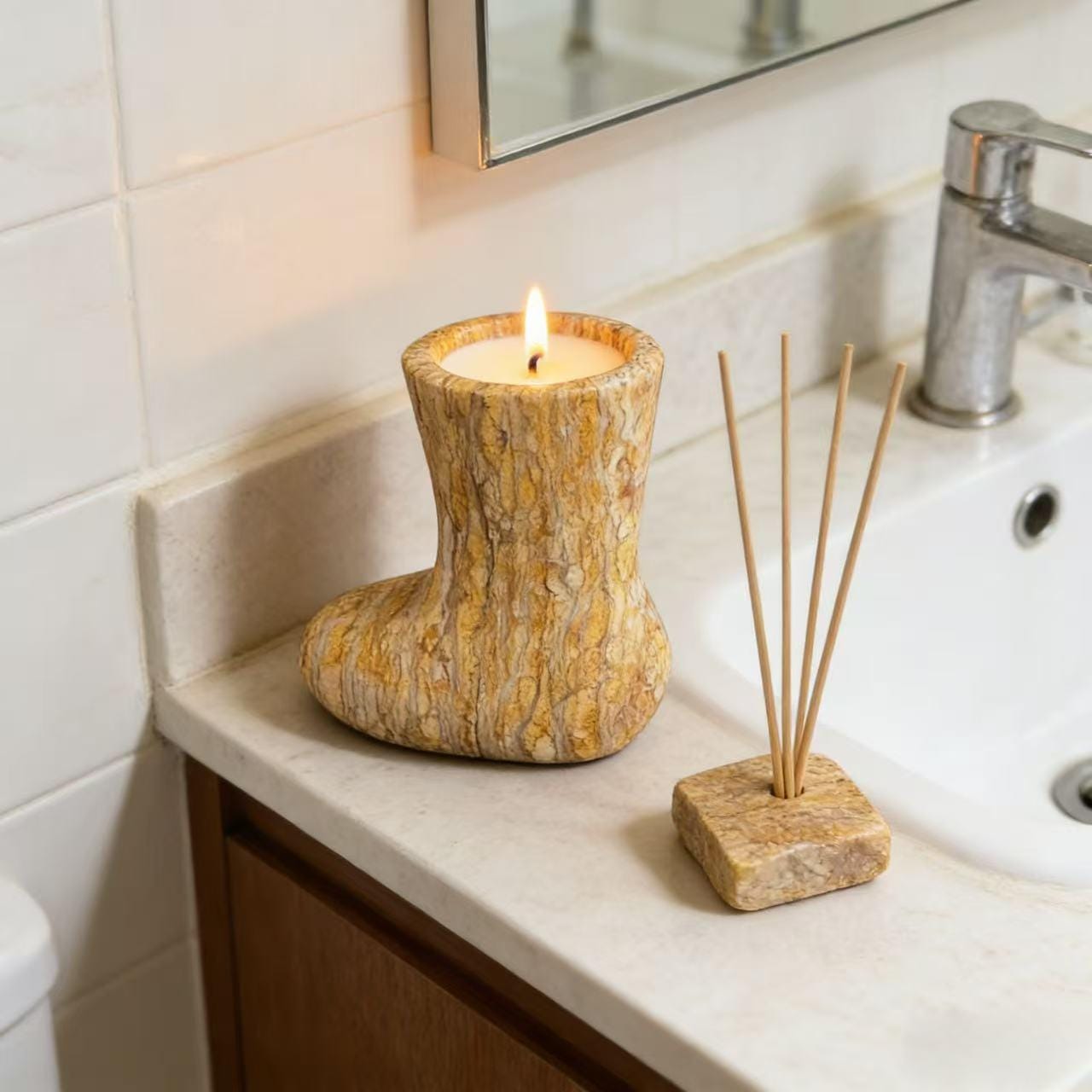 Handmade Wood-Grain Marble Boot Candle, Unique Statement Candle for Rustic Home Ambiance