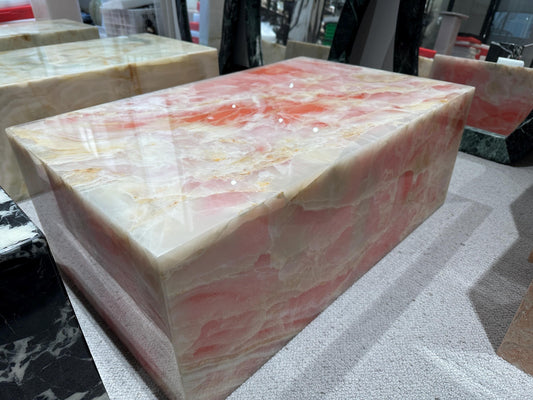 Handcrafted Pink Onyx Plinth Coffee Table: Italy minimalism