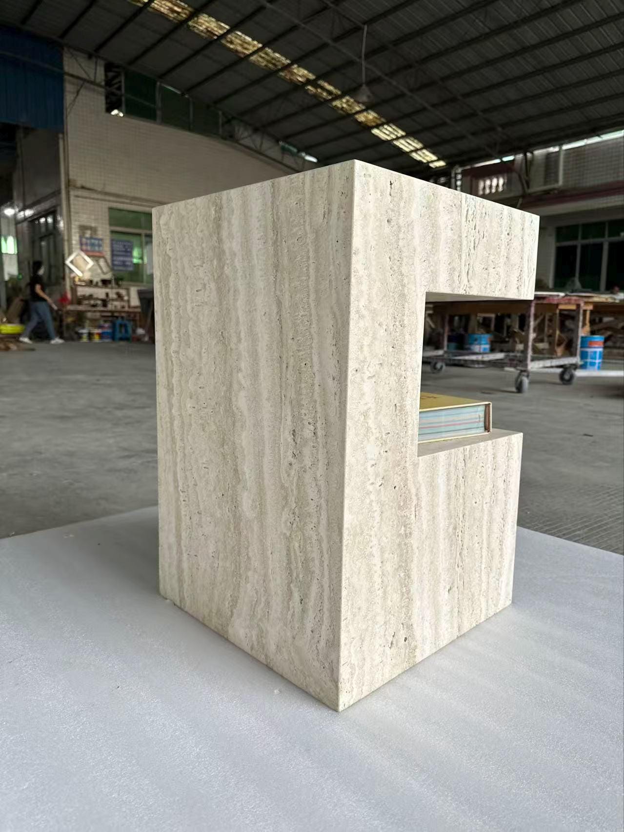 Handcrafted Travertine Side Table: Natural Stone Nightstand with Storage, plinth