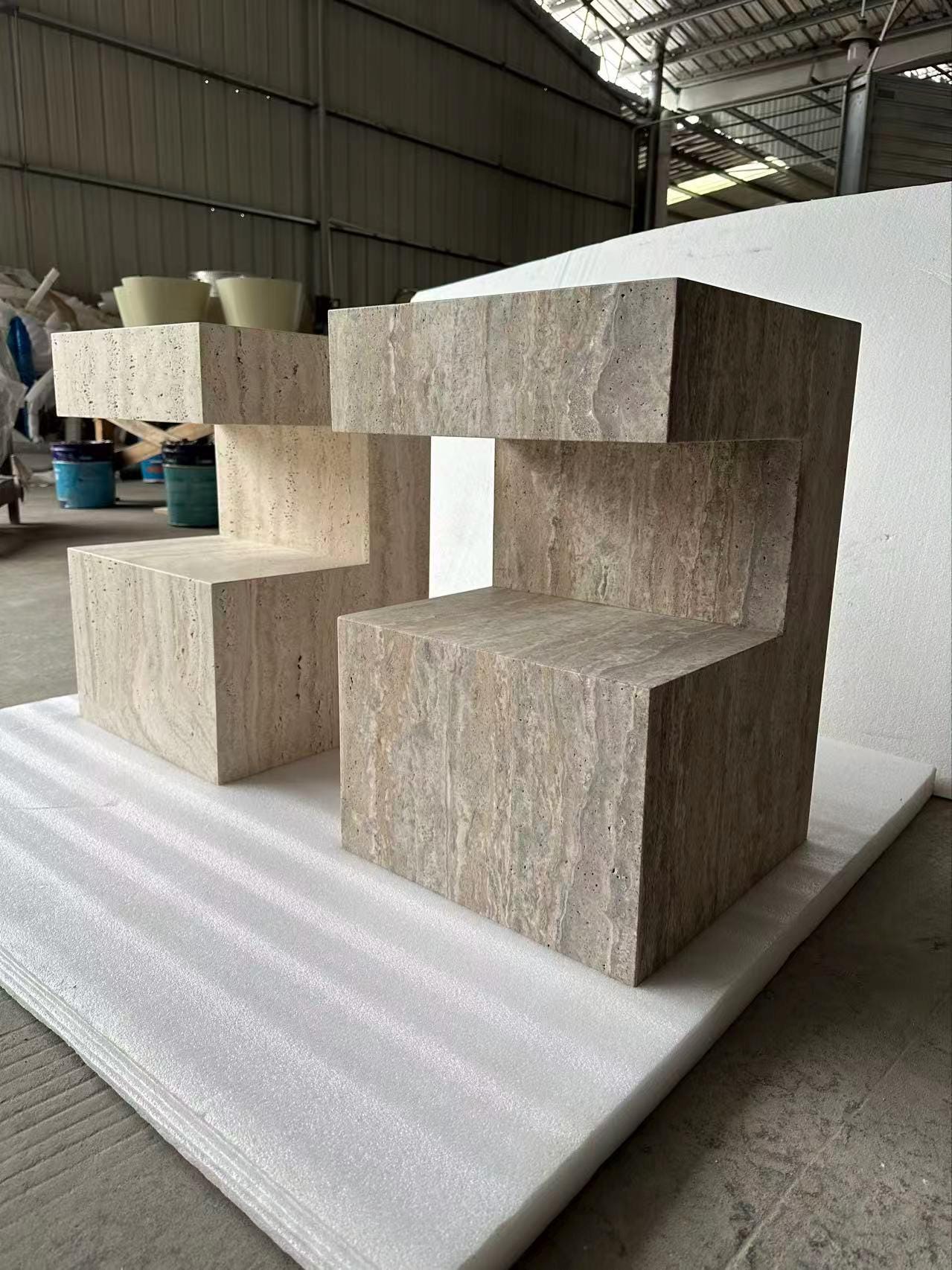 Handcrafted Travertine Side Table: Natural Stone Nightstand with Storage, plinth