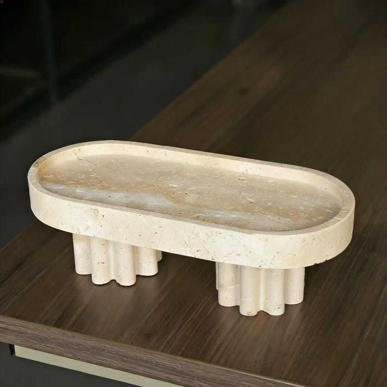 Handcrafted Fluted Pedestal Marble footed Tray, Modern Home Decor for Bathroom