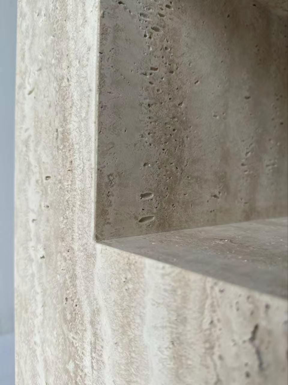Handcrafted Travertine Side Table: Natural Stone Nightstand with Storage, plinth