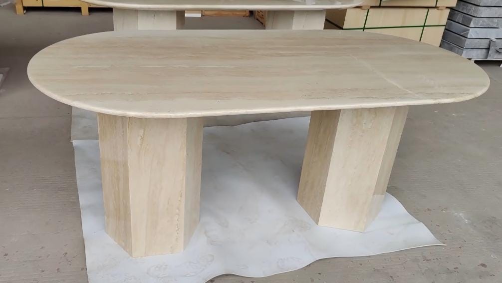 Modern Ellipse Stone Dining Table | Natural Travertine | Single Hexagon Base | In Stock, Only One